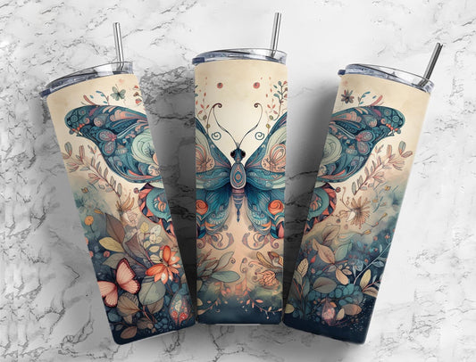 Blue butterfly 20oz Sublimation Tumbler Designs, Watercolor floral 9.2 x 8.3” Straight Skinny Tumbler Wrap PNG