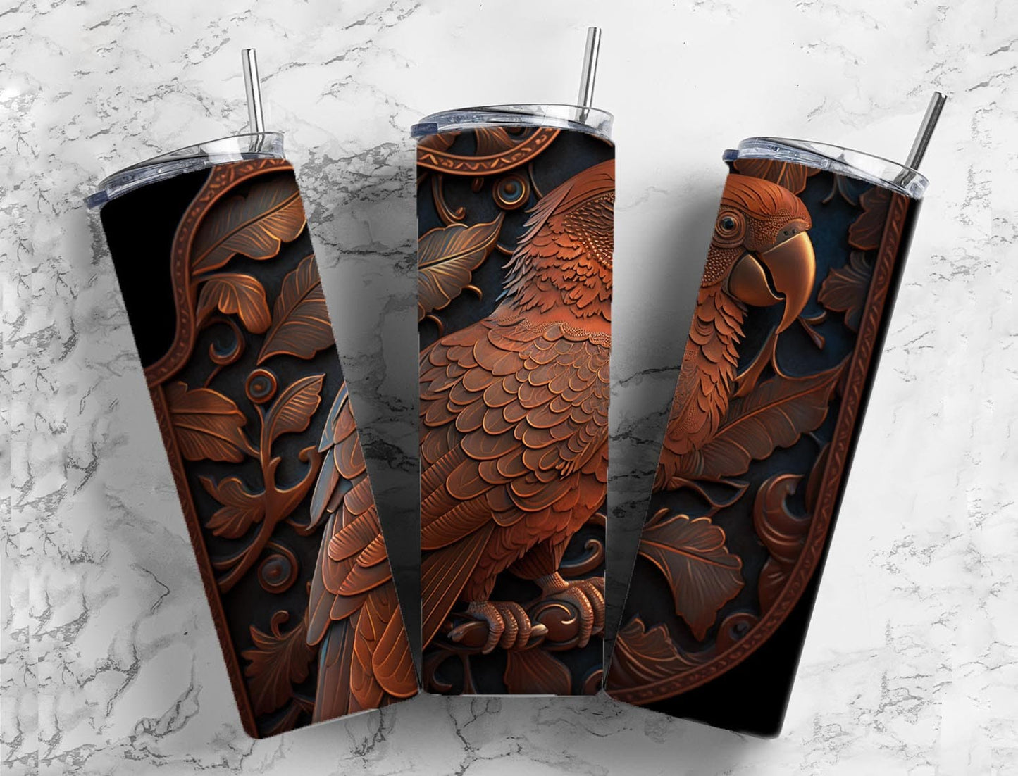 Tooled leather parrot 20oz Sublimation Tumbler Designs, Engraved leather 9.2 x 8.3” Straight Skinny Tumbler Wrap PNG (2023-04-18 13.53.22)