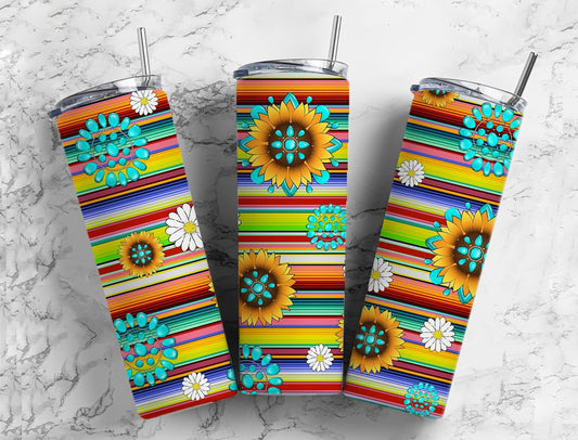 Colorful serape 20oz Sublimation Tumbler Designs, Turquoise sunflower 9.2 x 8.3” Straight Skinny Tumbler Wrap PNG