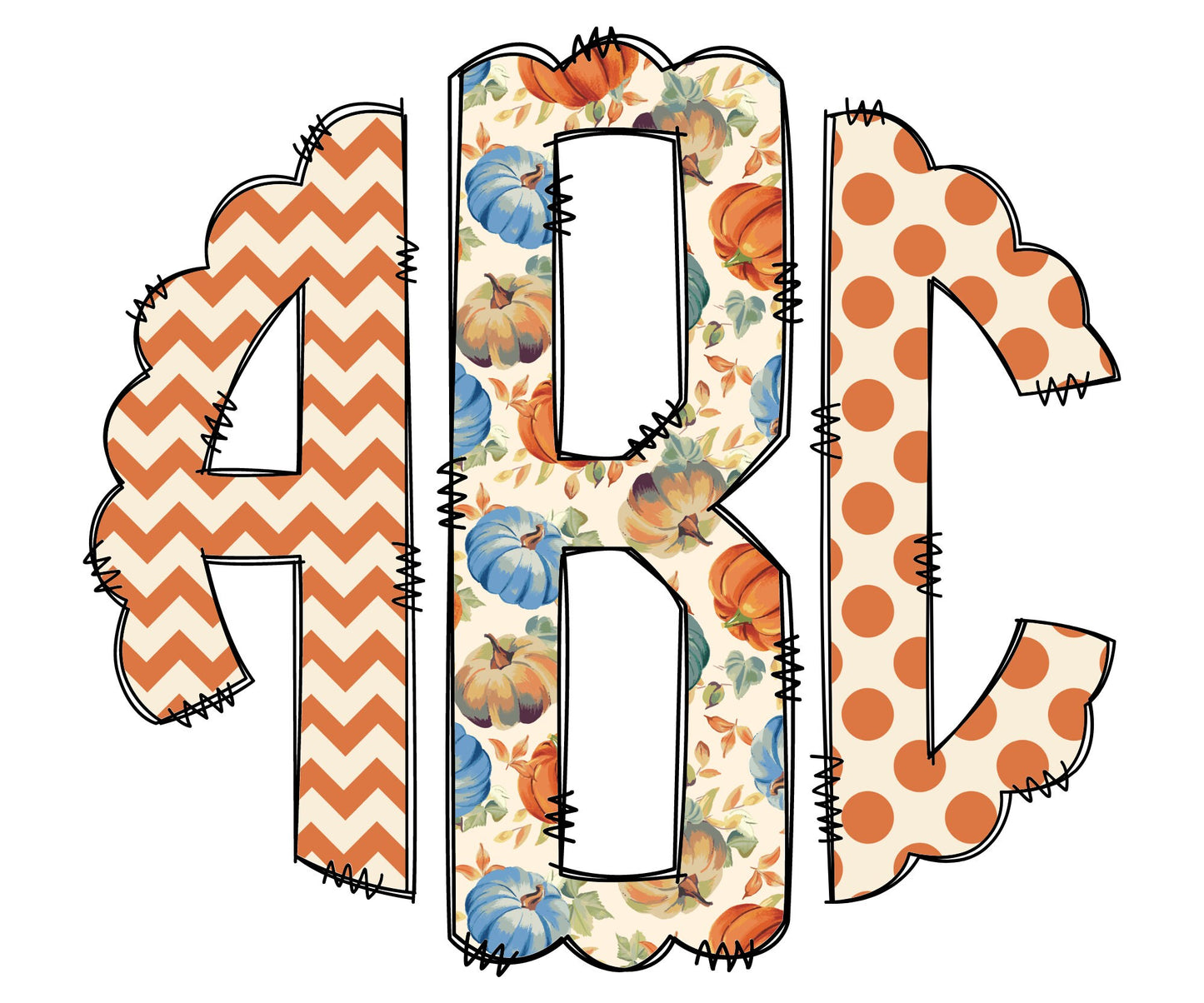 Chevron Fall Monogram Letters, Boho Sublimation PNG Elements Hand Drawn Doodle Alpha Bundle, Pumpkin Polka Dot Sublimation Font PNG Floral