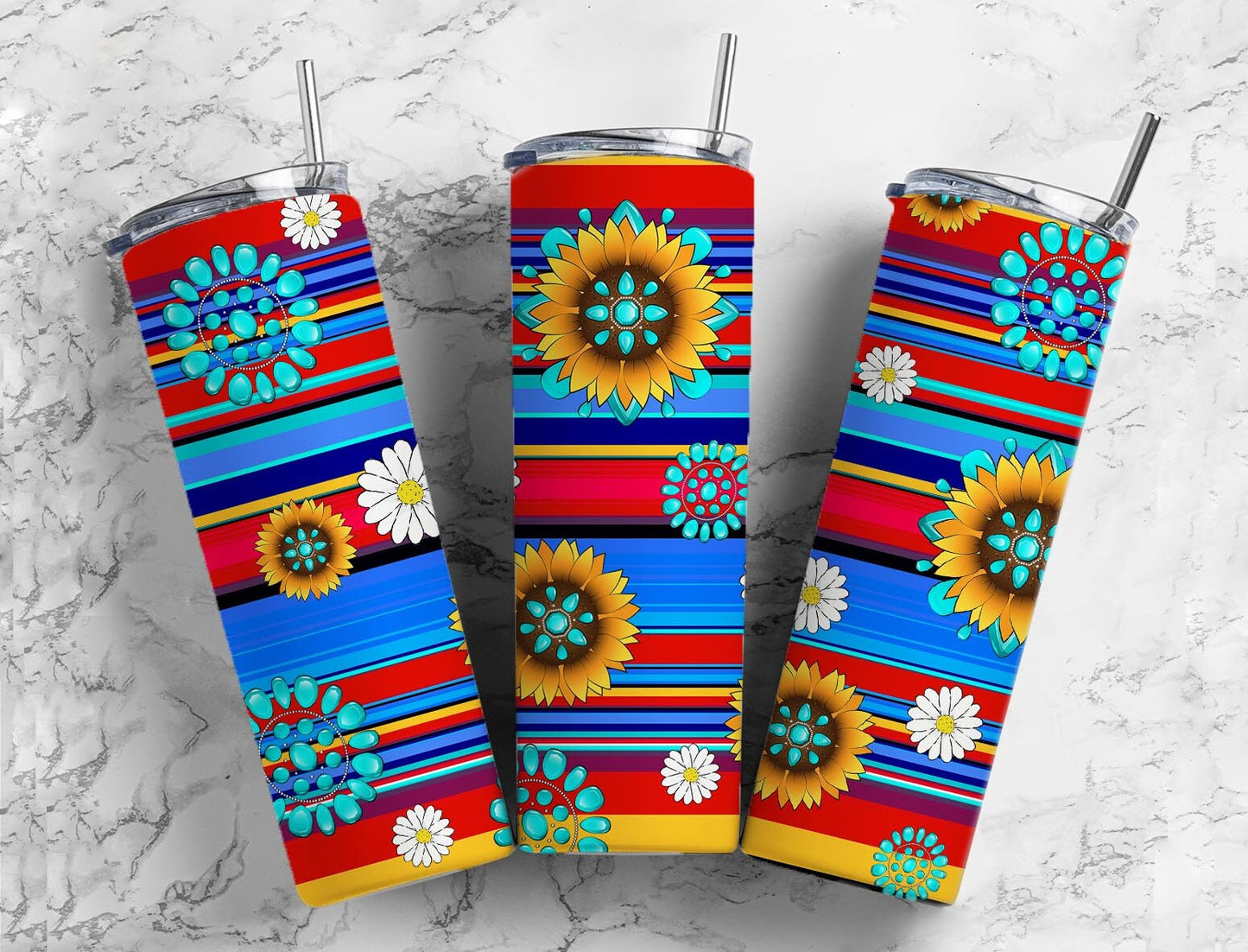 Turquoise Gem Serape 20oz Sublimation Tumbler Designs, Mexico Sunflower 9.2 x 8.3” Straight Skinny Tumbler, PNG