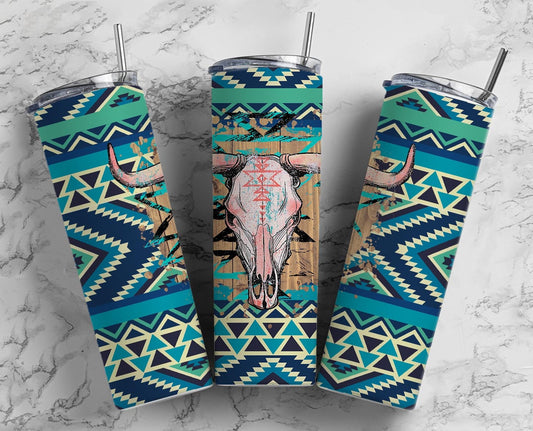 Bull Skull 20oz Sublimation Tumbler Designs, Aztec 9.2 x 8.3” Straight Skinny Tumbler, Turquoise Wrap PNG