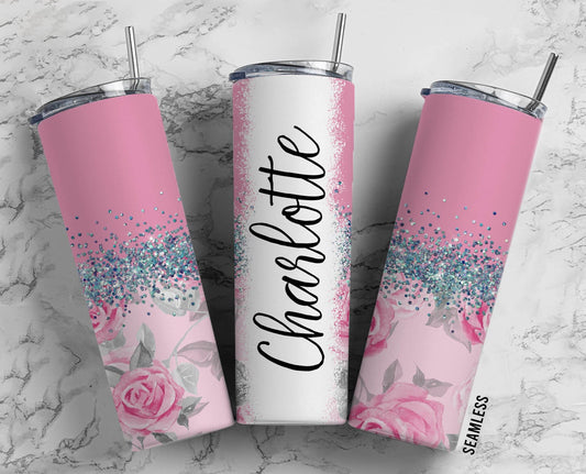 Pink Rose FLower 20oz Sublimation Tumbler Designs, Floral Silver Glitter Split 9.2 x 8.3” Straight Skinny Tumbler Wrap PNG 129