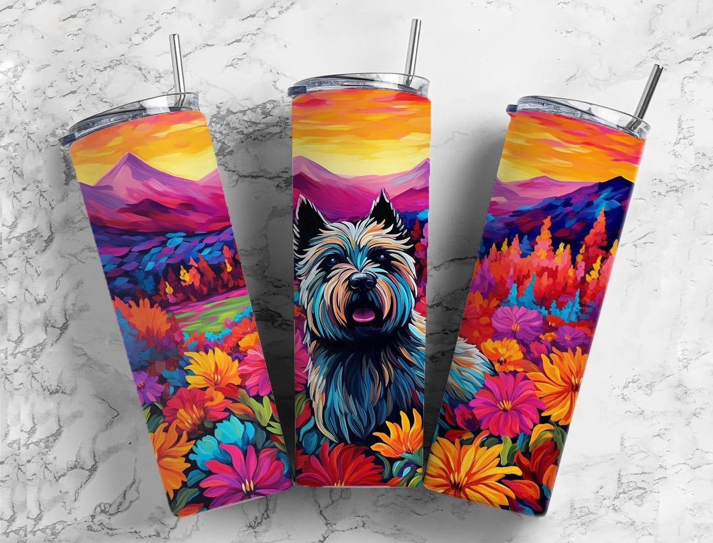 Yorkshire terrier 20oz Sublimation Tumbler Designs, Floral rainbow landscape 9.2 x 8.3” Straight Skinny Tumbler Wrap PNG