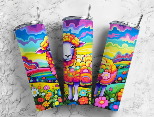 Colorful sheep 20oz Sublimation Tumbler Designs, Floral landscape 9.2 x 8.3” Straight Skinny Tumbler Wrap PNG