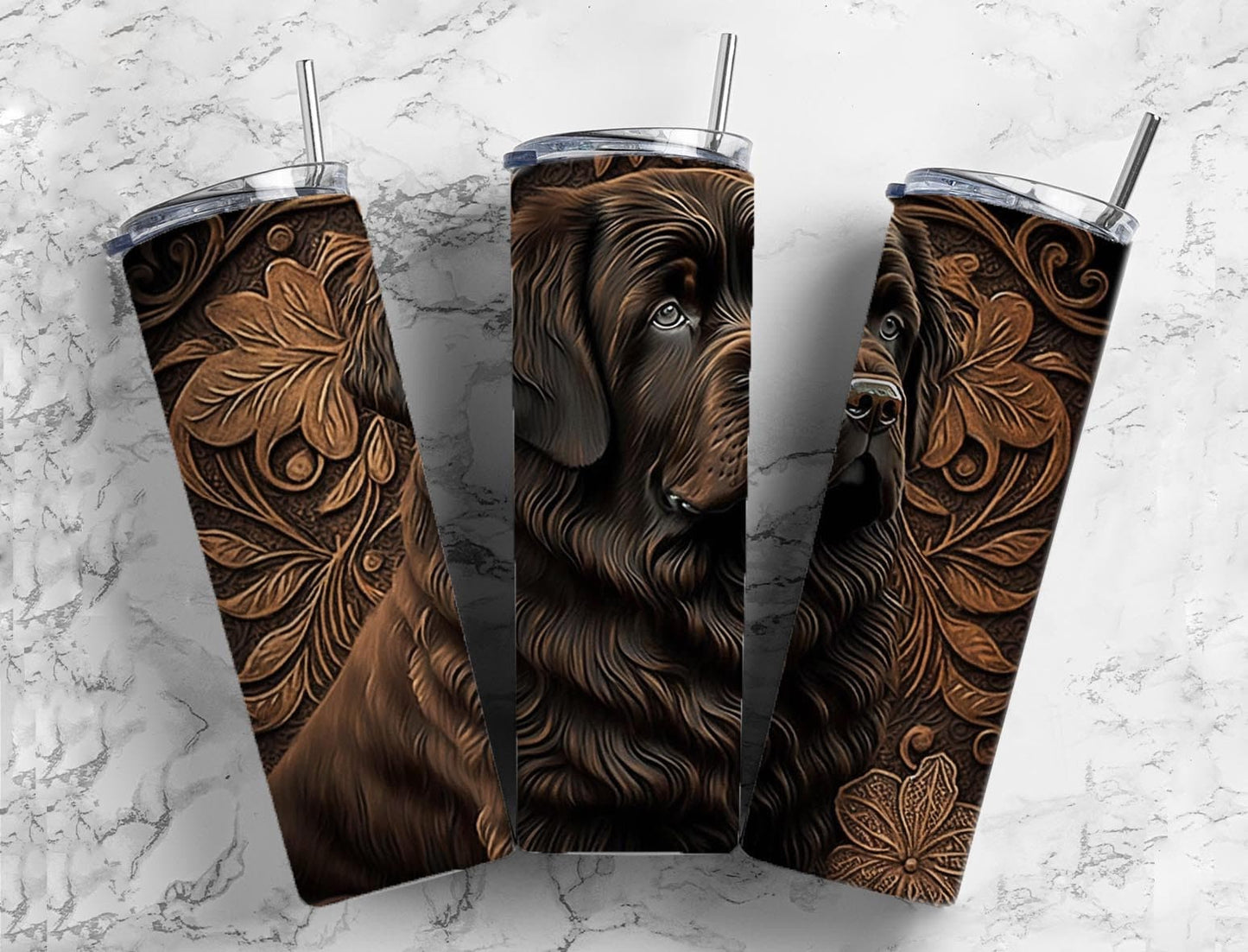 Tooled leather newfoundland dog 20oz Sublimation Tumbler Designs, Engraved leather 9.2 x 8.3” Straight Skinny Tumbler Wrap PNG