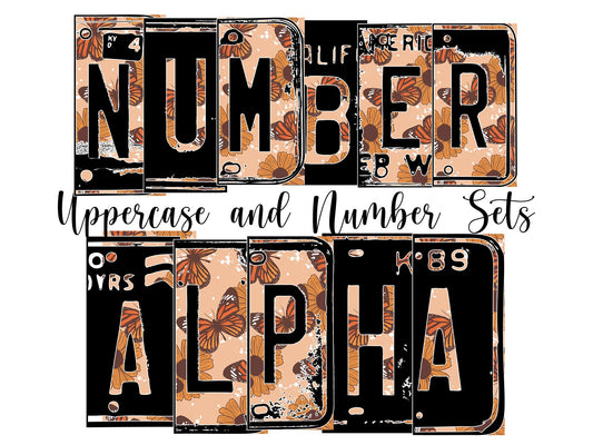 Retro Butterfly Number Plate Alphabet Uppercase Numbers PNG, Boho Brown Alphabet PNG Digital Download