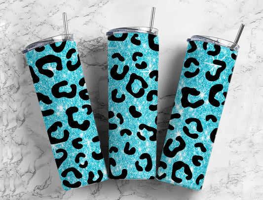 Blue sparkle glitter 20oz Sublimation Tumbler Designs, Leopard print 9.2 x 8.3” Straight Skinny Tumbler Wrap PNG