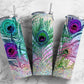 Rainbow Peacock Feather 20oz Sublimation Tumbler Designs, Gold Rainbow Glitter 9.2 x 8.3” Straight Skinny Tumbler Wrap PNG