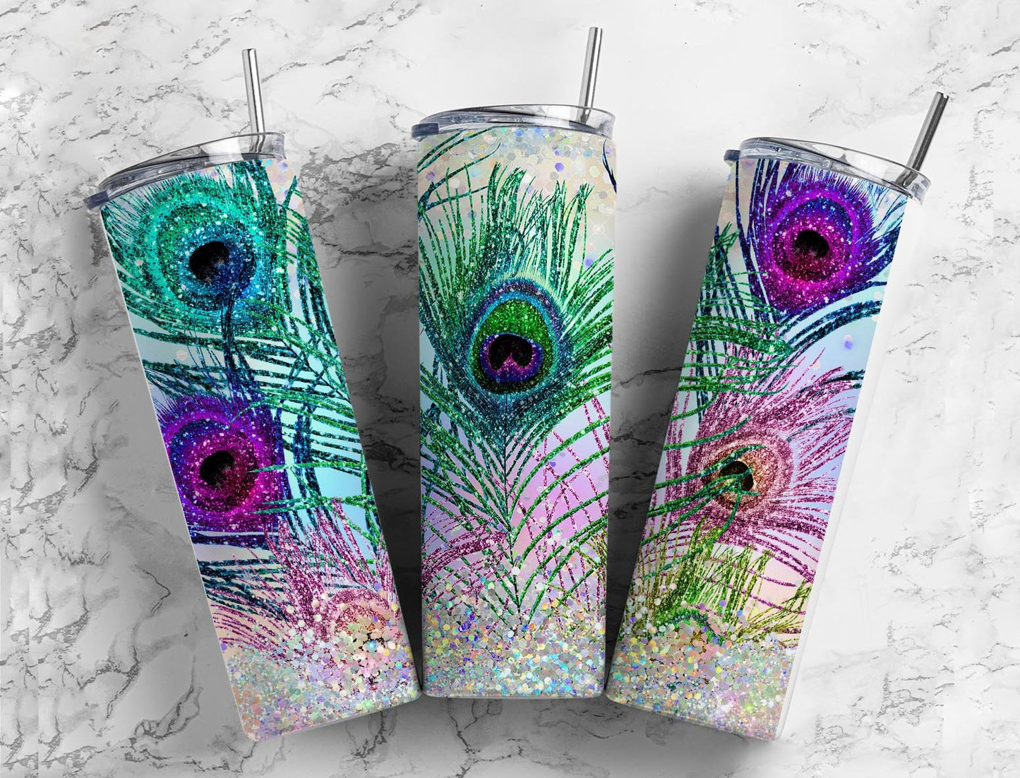 Rainbow Peacock Feather 20oz Sublimation Tumbler Designs, Gold Rainbow Glitter 9.2 x 8.3” Straight Skinny Tumbler Wrap PNG