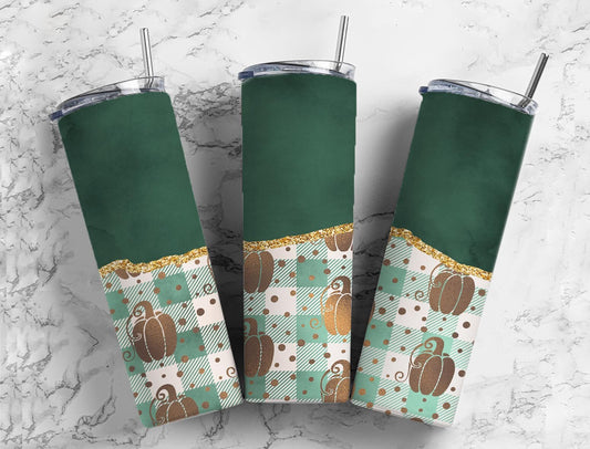 Pumpkin Plaid 20oz Sublimation Tumbler Designs, Agate Glitter Green 9.2 x 8.3” Straight Skinny Tumbler Wrap PNG