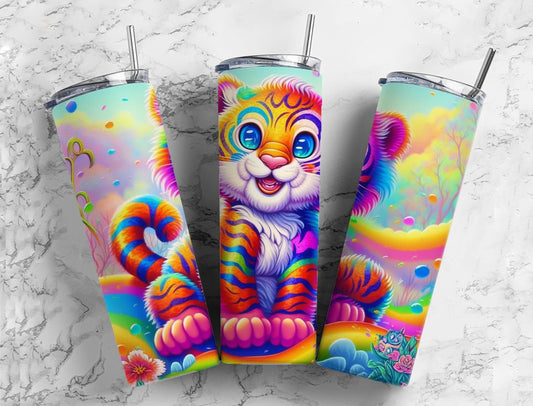 Cartoon tiger 20oz Sublimation Tumbler Designs, Colorful rainbow 9.2 x 8.3” Straight Skinny Tumbler Wrap PNG