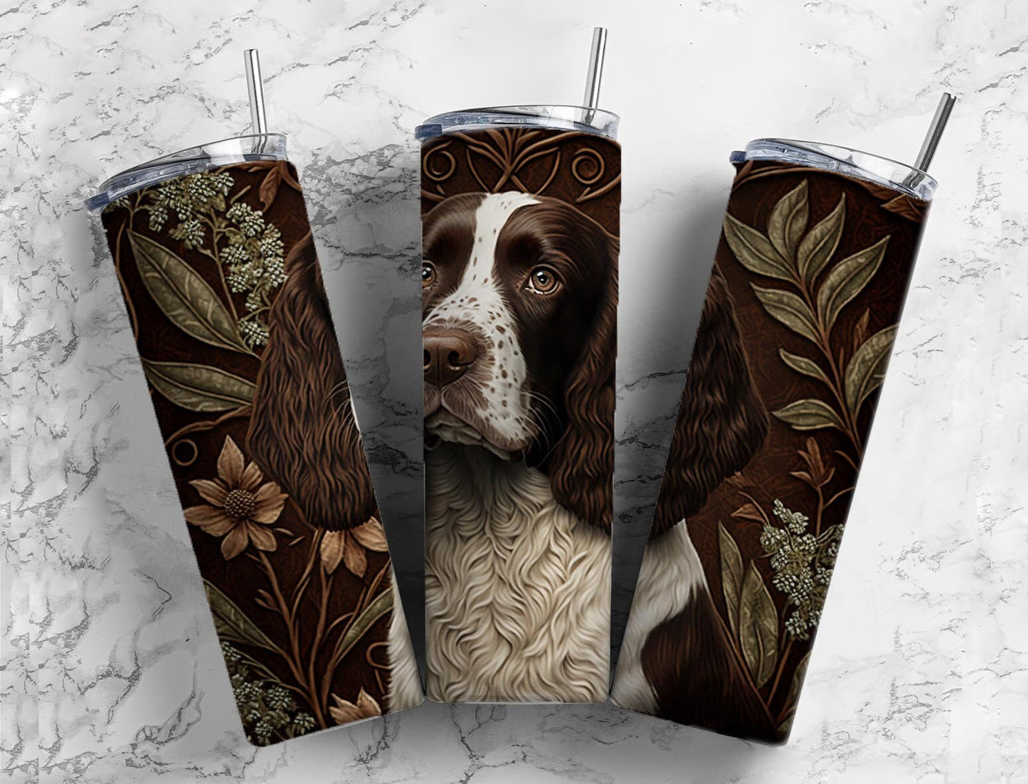 tooled leather springer spaniel dog 20oz Sublimation Tumbler Designs, ENgraved leather 9.2 x 8.3” Straight Skinny Tumbler Wrap PNG