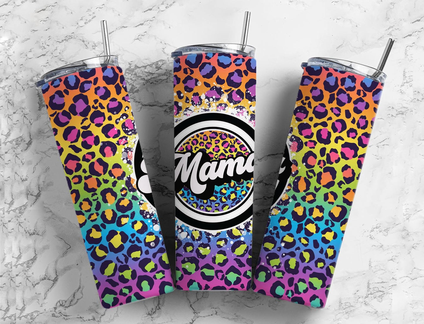 Leopard Print Rainbow 20oz Sublimation Tumbler Designs, Mama Retro 9.2 x 8.3” Straight Skinny Tumbler Wrap PNG, Sublimation Design PNG