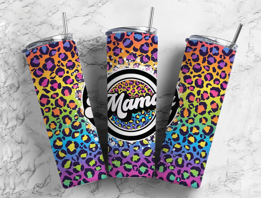 Leopard Print Rainbow 20oz Sublimation Tumbler Designs, Mama Retro 9.2 x 8.3” Straight Skinny Tumbler Wrap PNG, Sublimation Design PNG