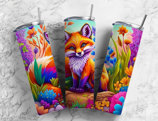 Fox Floral 20oz Sublimation Tumbler Designs, Rainbow Colorful 9.2 x 8.3” Straight Skinny Tumbler, Tumbler Wrap PNG