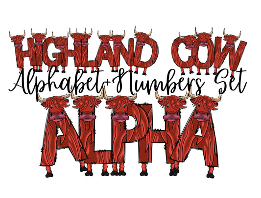 Highland Cow Doodle Letters Alphabet with Uppercase and Numbers PNG, Alphabet PNG Digital Download PNG