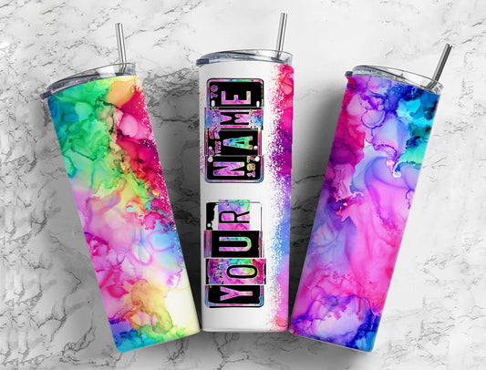 Alcohol ink Number Plate 20 oz Tumbler with Matching Alphabet PNG, Colorful rainbow Alphabet PNG Digital Download