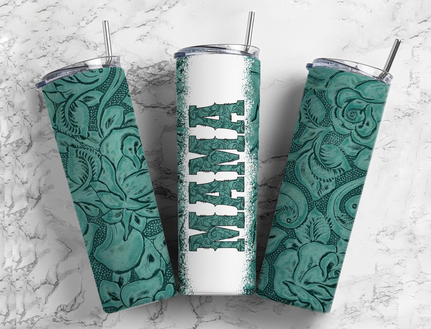 Mama Tooled Leather 20oz Sublimation Tumbler Designs, Country Teal 9.2 x 8.3” Straight Skinny Tumbler Wrap PNG, Sublimation Design PNG