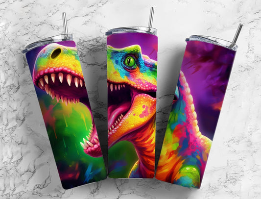 Rainbow t-rex 20oz Sublimation Tumbler Designs, colorful dinosaur 9.2 x 8.3” Straight Skinny Tumbler Wrap PNG