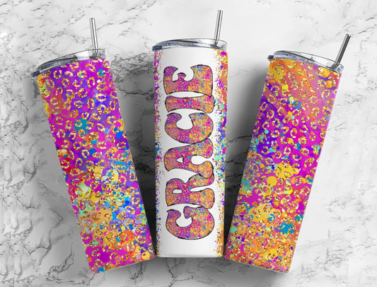 Rainbow Glitter 20oz Tumbler Wrap with Matching Retro Doodle Letter, Aesthetic Alphabet PNG, Add your Own name Tumbler