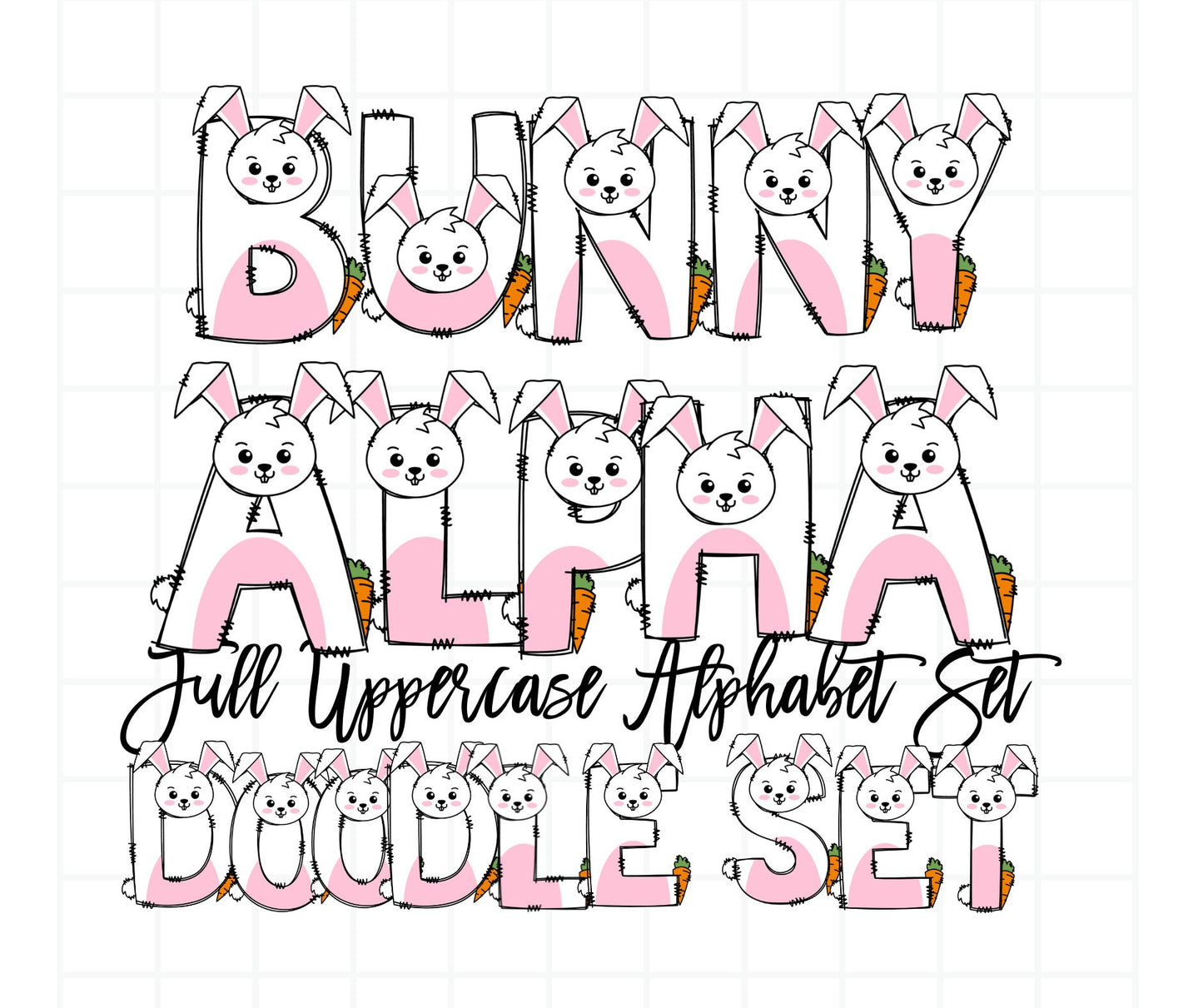 Bunny Doodle Letters, Rabbit Alphabet, Bunny Alphabet PNG, Entire Doodle Alphabet Uppercase Lowercase Numbers PNG