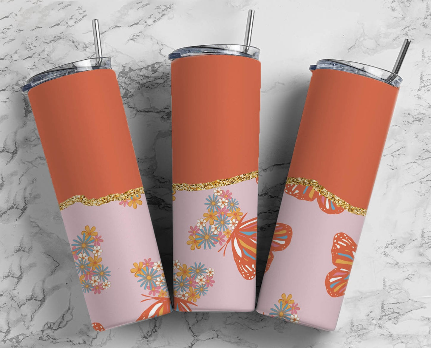 Sunflower Butterfly Flower 20oz Sublimation Tumbler Designs, AestheticFloral 9.2 x 8.3” Straight Skinny Tumbler Wrap PNG, Gold Agate 44