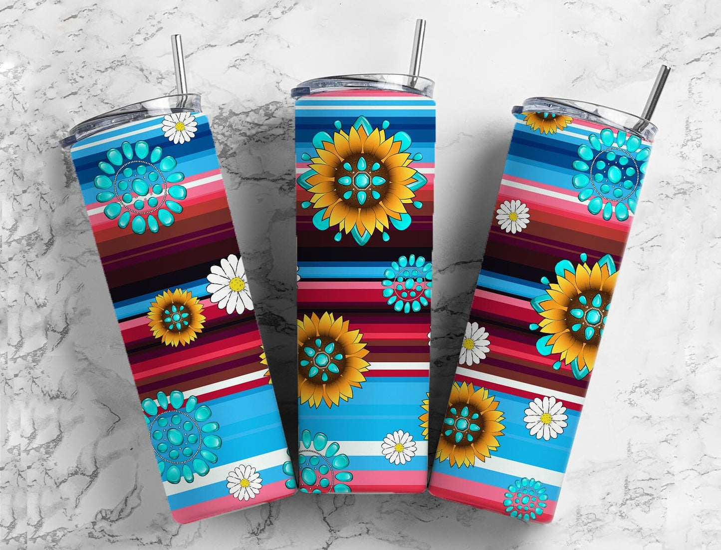 Sunflower Serape 20oz Sublimation Tumbler Designs, Blue Gem Mexico 9.2 x 8.3” Straight Skinny Tumbler Wrap PNG 1