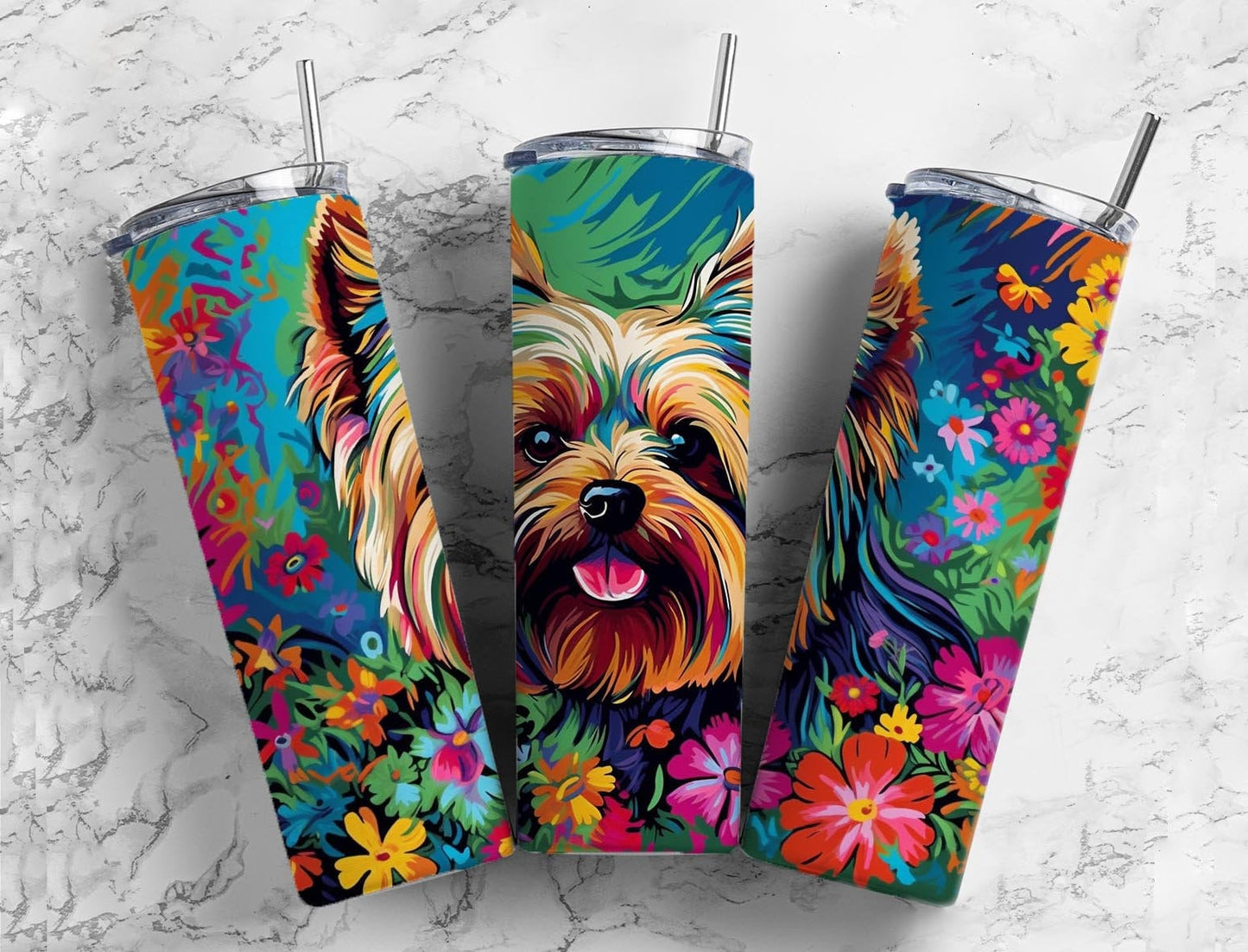 Yorkshire terrier 20oz Sublimation Tumbler Designs, Floral rainbow 9.2 x 8.3” Straight Skinny Tumbler Wrap PNG