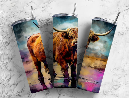 Highland cow 20oz Sublimation Tumbler Designs, pastel landscape 9.2 x 8.3” Straight Skinny Tumbler Wrap PNG