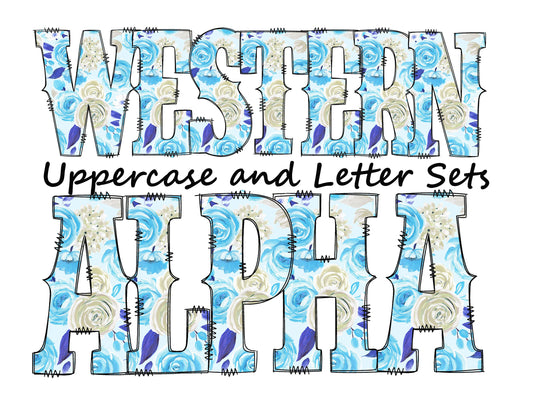 Watercolor floral Doodle Letters Western Alphabet, Blue roses Alphabet PNG, Entire Doodle Alphabet Uppercase and Numbers PNG