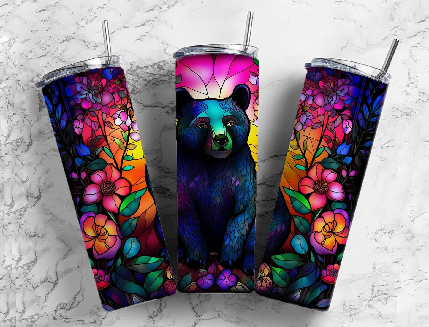 Black bear 20oz Sublimation Tumbler Designs, floral landscape 9.2 x 8.3” Straight Skinny Tumbler Wrap PNG