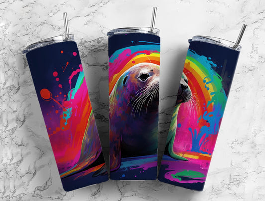 Rainbow seal 20oz Sublimation Tumbler Designs, paint splatter 9.2 x 8.3” Straight Skinny Tumbler Wrap PNG