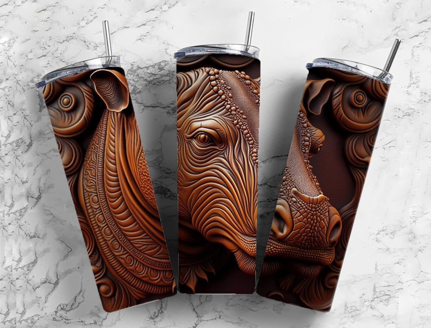 Engraved leather hippopotamus 20oz Sublimation Tumbler Designs, Tooled leather 9.2 x 8.3” Straight Skinny Tumbler Wrap PNG