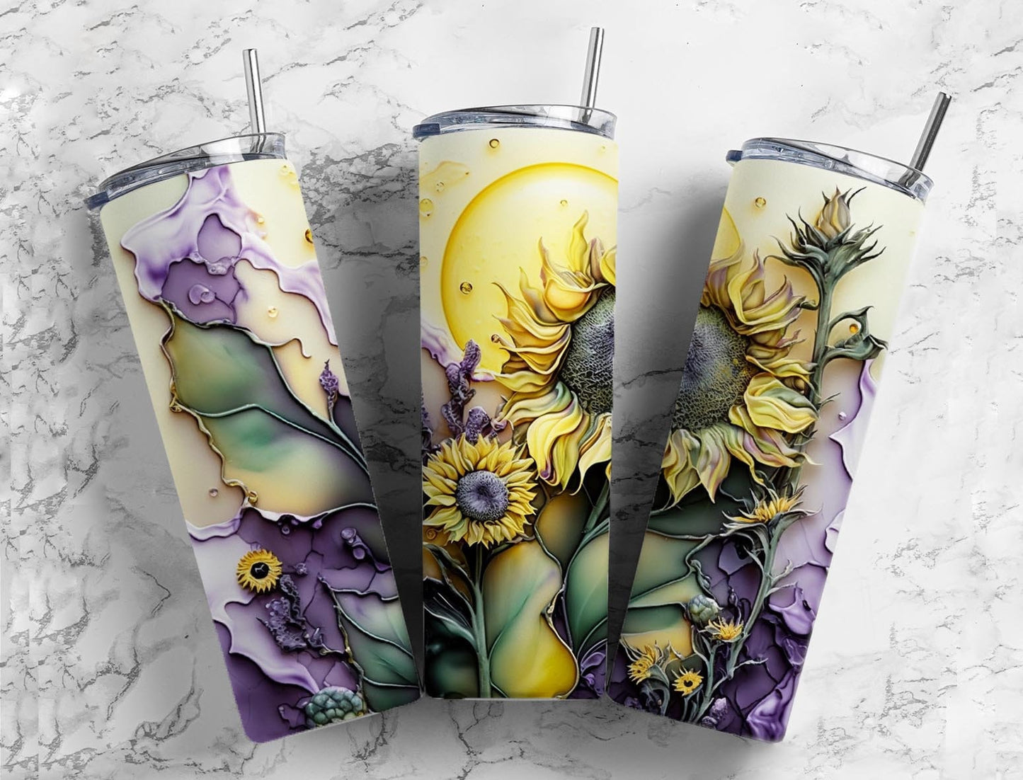 Sunflower floral 20oz Sublimation Tumbler Designs, impasto painting 9.2 x 8.3” Straight Skinny Tumbler Wrap PNG