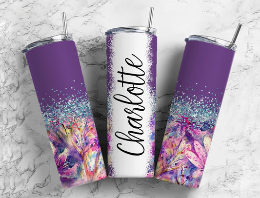 Purple floral 20oz Sublimation Tumbler Designs, speckled watercolor 9.2 x 8.3” Straight Skinny Tumbler Wrap PNG