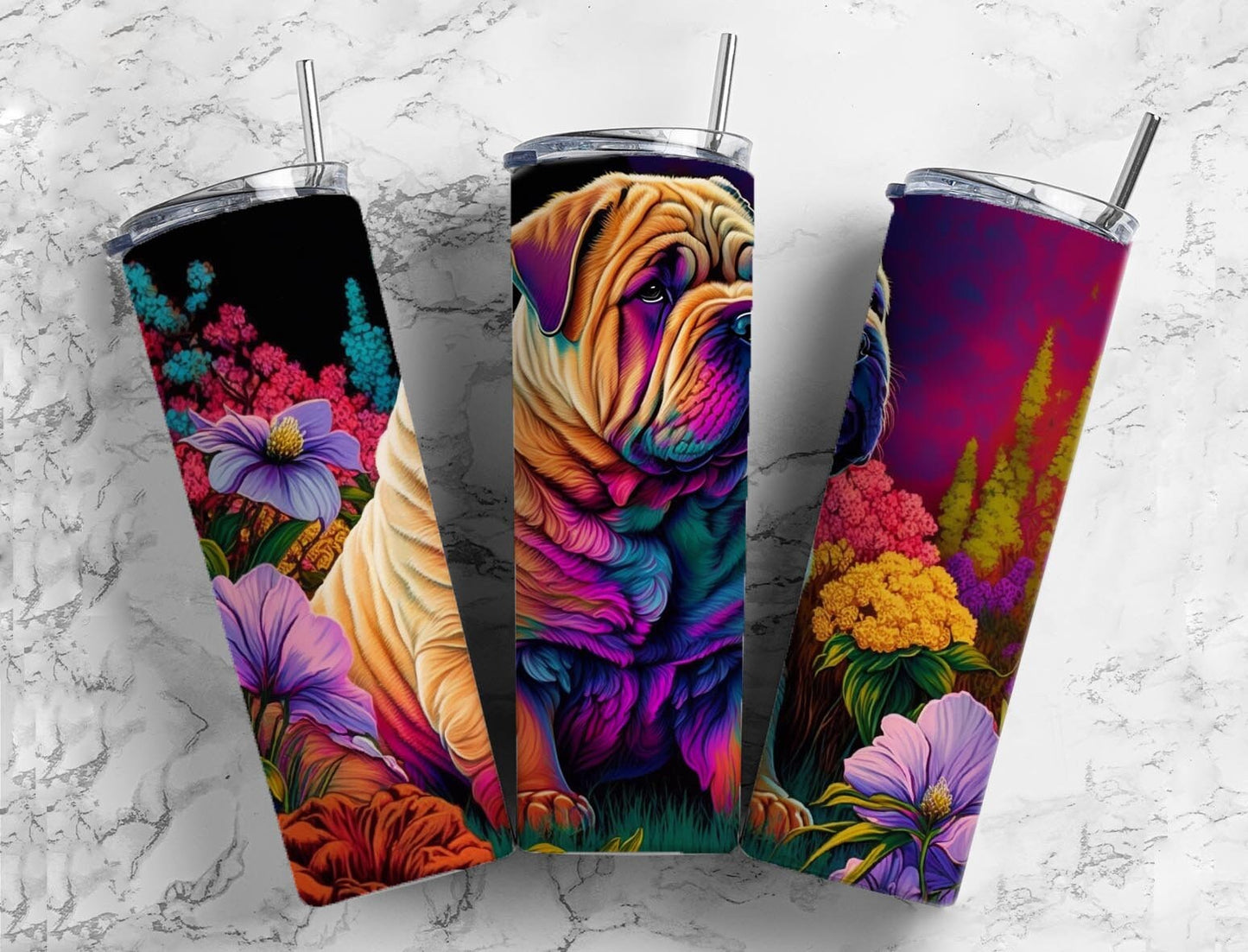 Sharpei dog 20oz Sublimation Tumbler Designs, Floral landscape 9.2 x 8.3” Straight Skinny Tumbler Wrap PNG