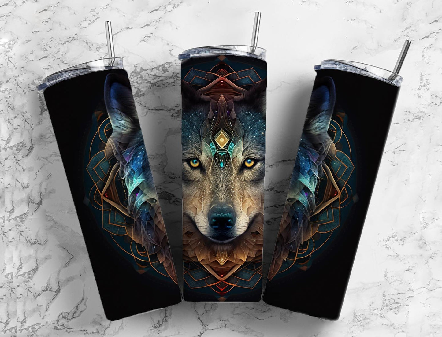 Dark wolf 20oz Sublimation Tumbler Designs, Patterned background 9.2 x 8.3” Straight Skinny Tumbler Wrap PNG