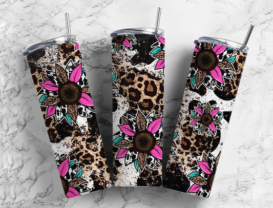 Sunflower Cow 20oz Sublimation Tumbler Designs, Western Leopard Print 9.2 x 8.3” Straight Skinny Tumbler Wrap PNG, Sublimation design