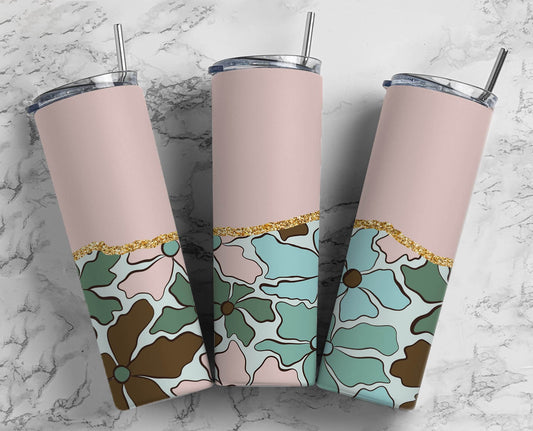 Retro Teal pink Flower 20oz Sublimation Tumbler Designs, AestheticFloral 9.2 x 8.3” Straight Skinny Tumbler Wrap PNG, Gold Agate 96