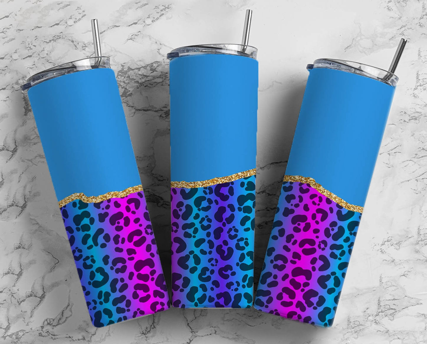 Bright Leopard Print Blue 20oz Sublimation Tumbler Designs, Fluro Glitter Agate 9.2 x 8.3” Straight Skinny Tumbler Wrap PNG117