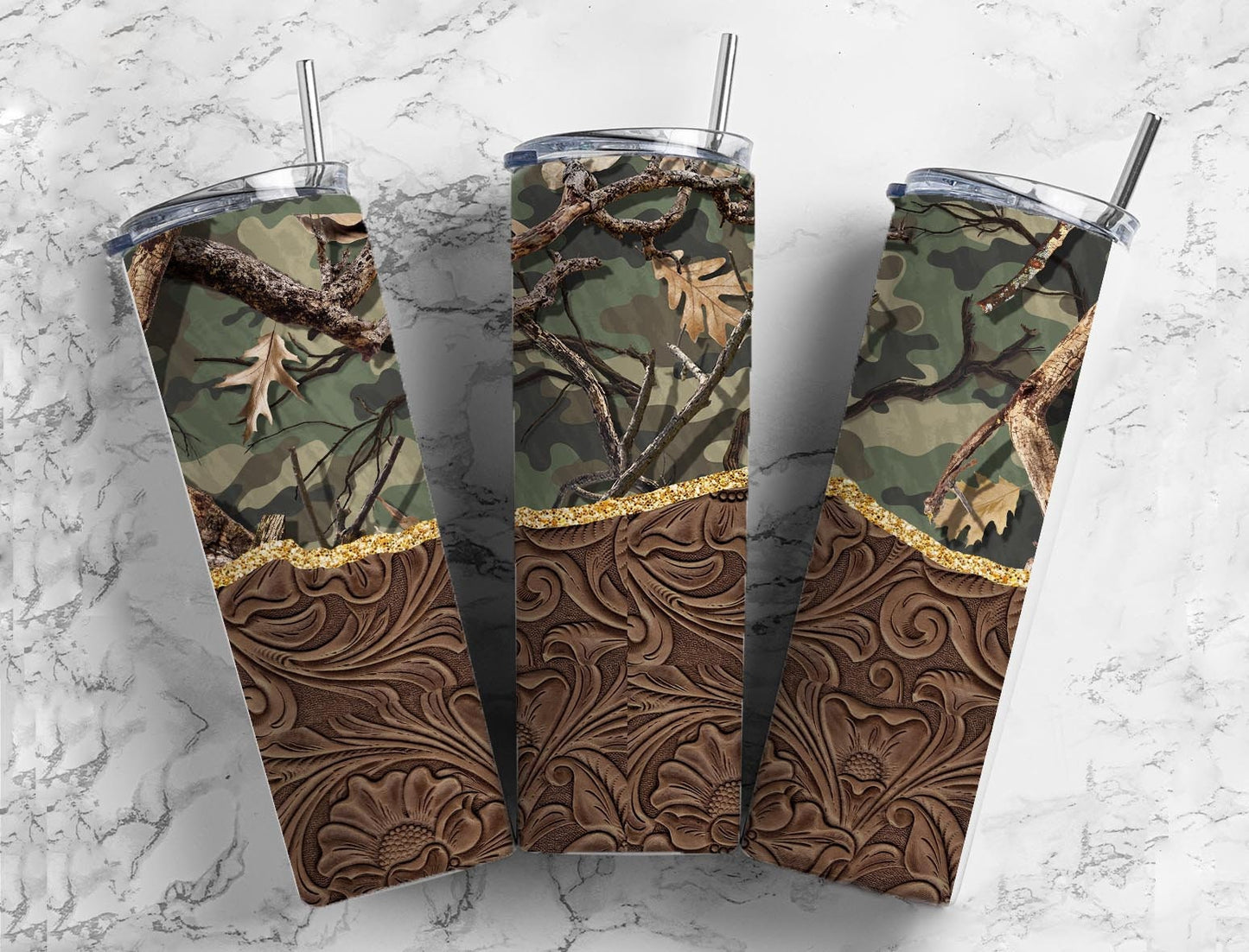 Camo and Tooled Leather 20oz Sublimation Tumbler Designs, Country Western 9.2 x 8.3” Straight Skinny Tumbler Wrap, Hunting Tumbler For Men