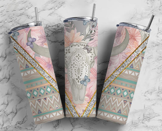 Cow Skull 20oz Sublimation Tumbler Designs, Aztec Floral 9.2 x 8.3” Straight Skinny Tumbler Wrap