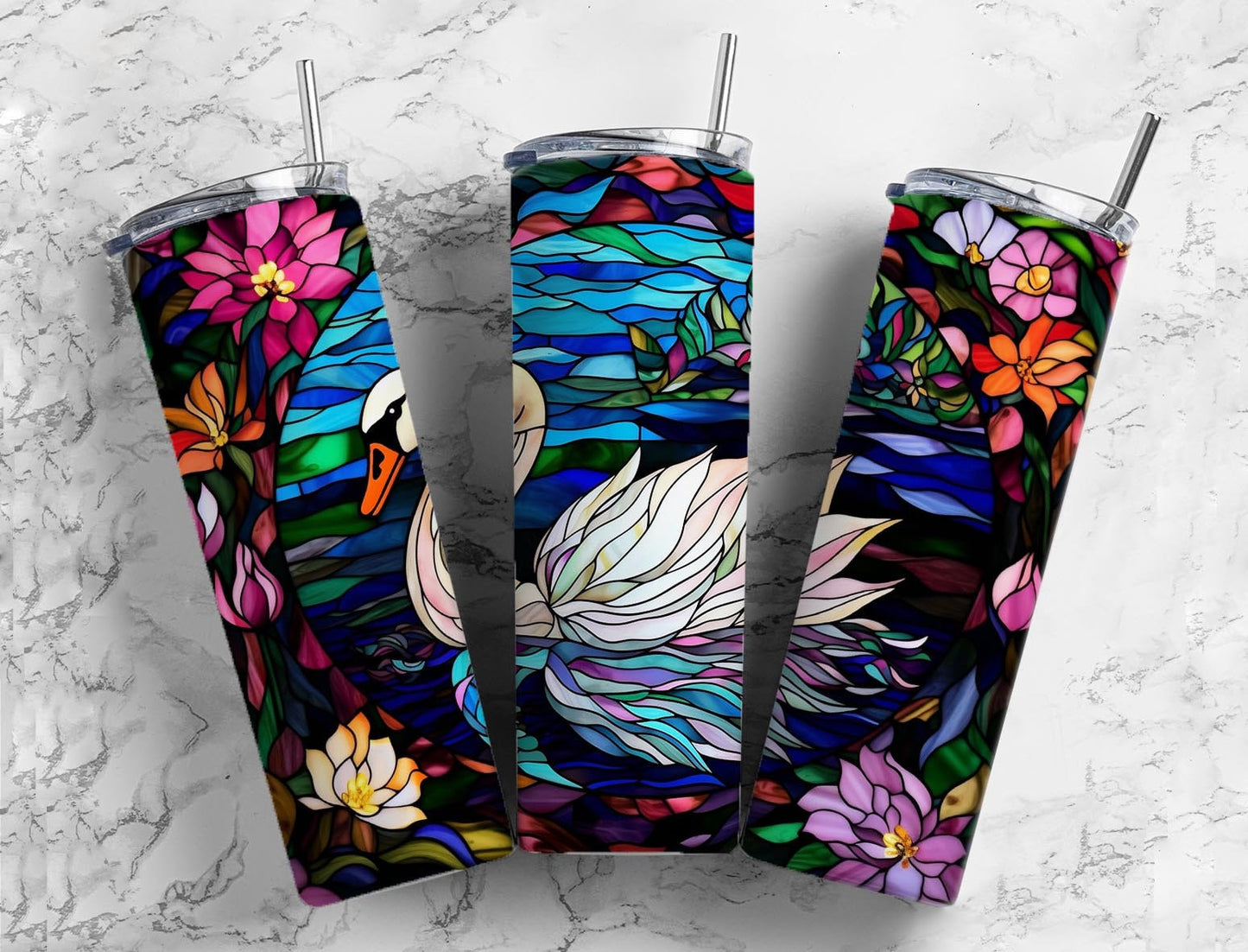 Swan floral 20oz Sublimation Tumbler Designs, Lake landscape 9.2 x 8.3” Straight Skinny Tumbler Wrap PNG