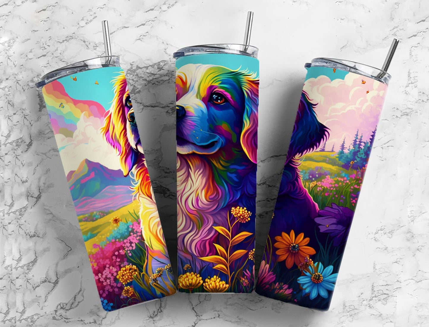 Dog Floral 20oz Sublimation Tumbler Designs, Field Rainbow 9.2 x 8.3” Straight Skinny Tumbler, Tumbler Wrap PNG