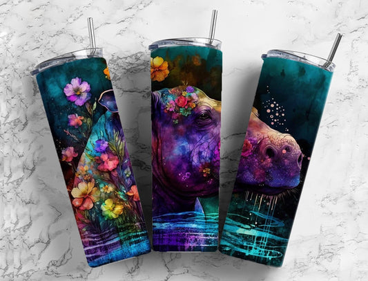 Alcohol ink hippopotamus 20oz Sublimation Tumbler Designs, Rainbow floral 9.2 x 8.3” Straight Skinny Tumbler Wrap PNG