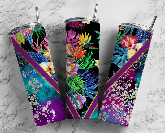 Vivid Floral 20oz Sublimation Tumbler Designs, Neon Glitter 9.2 x 8.3” Straight Skinny Tumbler Wrap, Purple Aesthetic Tumbler