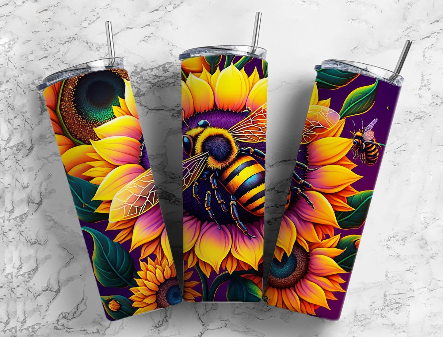 Sunflower floral 20oz Sublimation Tumbler Designs, Bumblebee 9.2 x 8.3” Straight Skinny Tumbler Wrap PNG