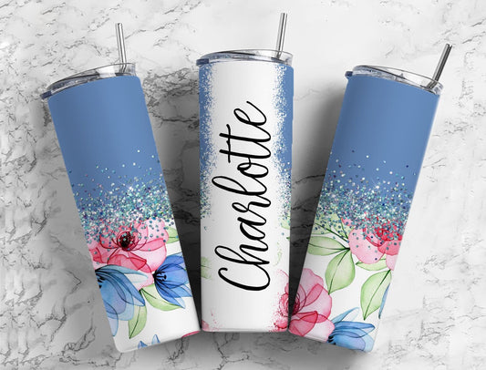 Classic Blossom20oz Sublimation Tumbler Designs, Iridescent Glitter Blue 9.2 x 8.3” Straight Skinny Tumbler, PNGp99