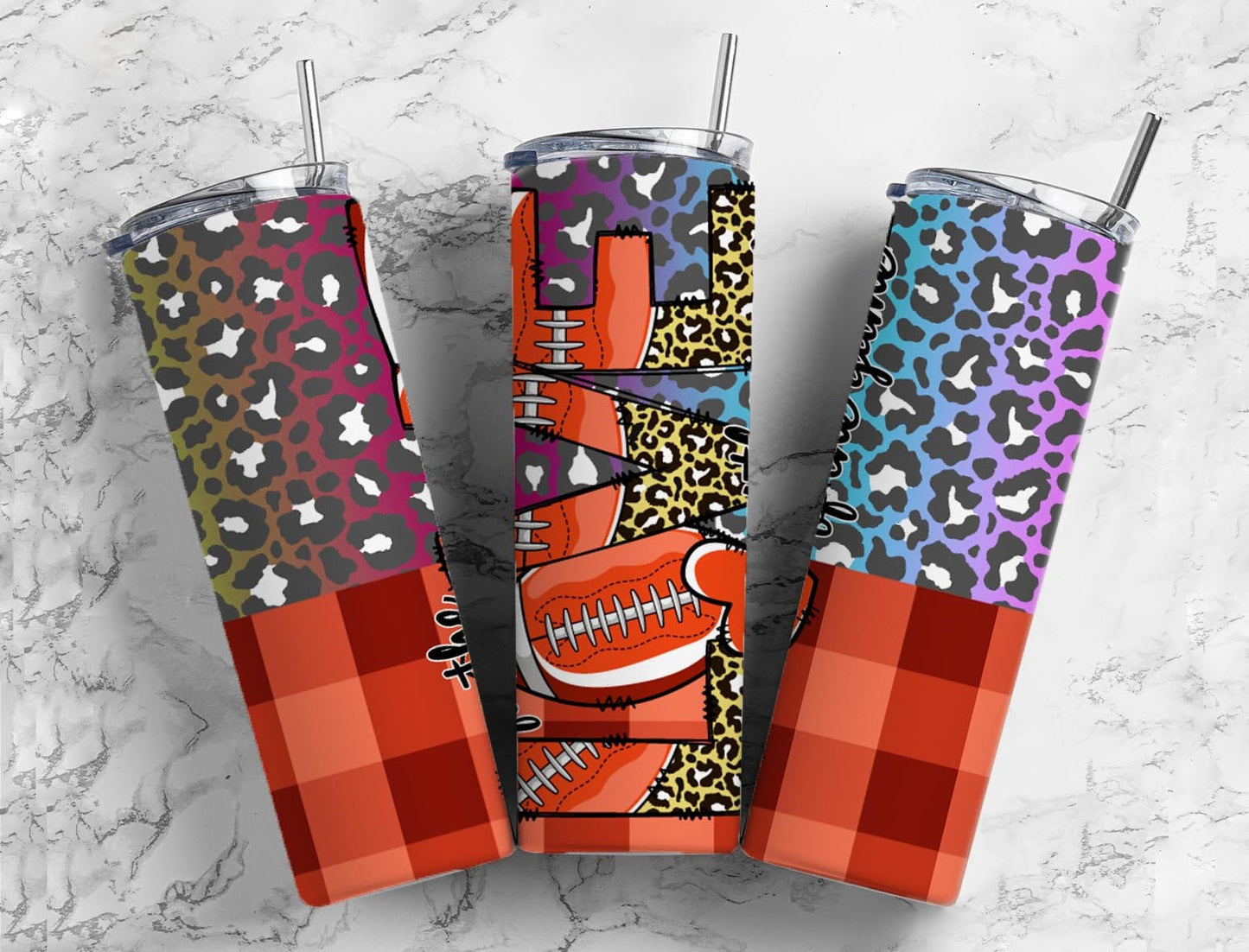 Love football 20oz Sublimation Tumbler Designs, colorful leopard print 9.2 x 8.3” Straight Skinny Tumbler Wrap PNG